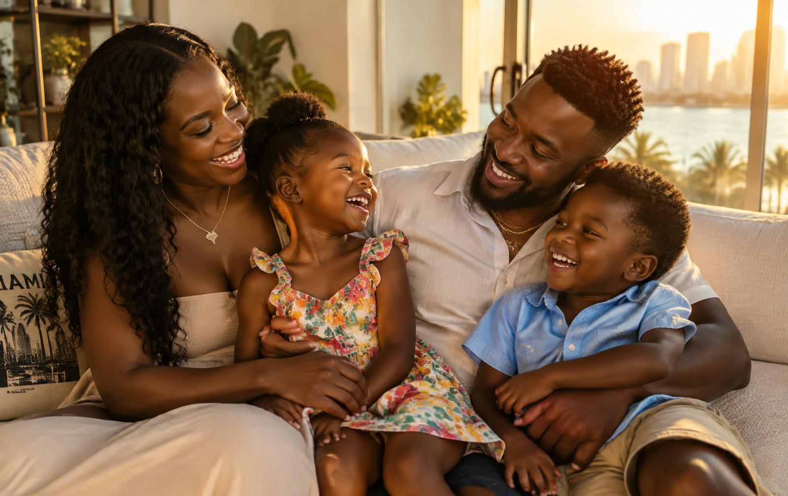 Haitian-American family laughing together at home